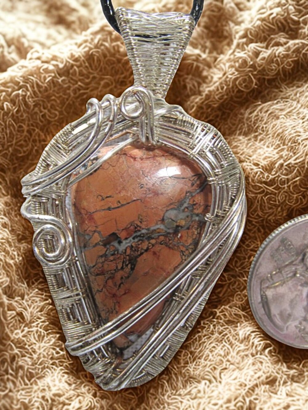 Handmade Wire Wrapped Maligano Jasper, Silver coated wire wrapped necklace - Picture 2 of 7